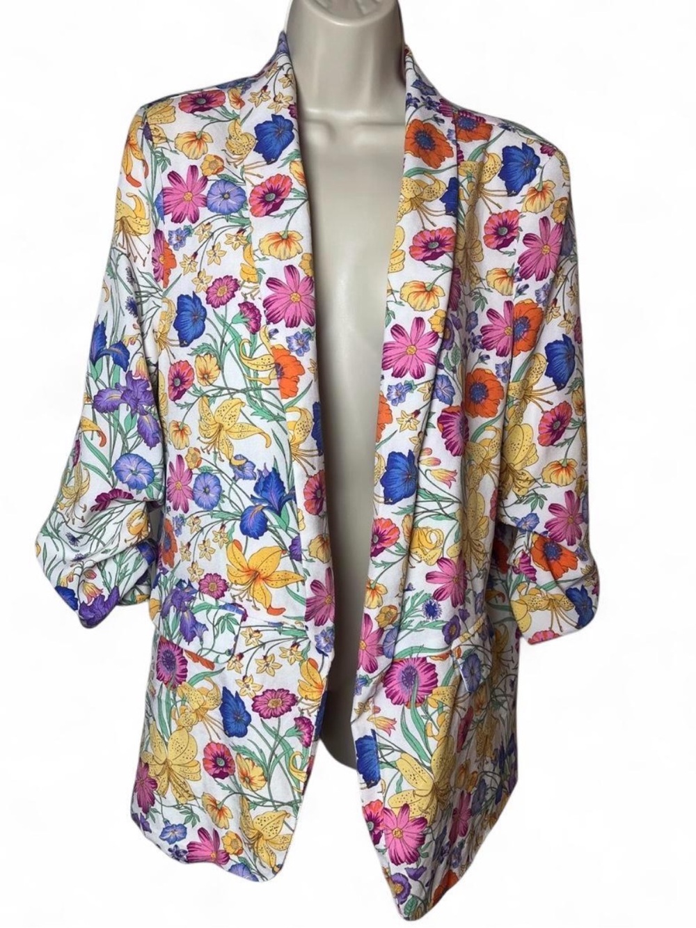 Floral Blazer 3/4 Sleeve Ruched Artsy Cottage Fairy Office Summer Shower Large
